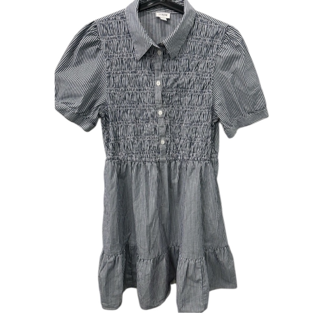 J.Crew Striped Smocked Shirt Dress Black White Ruffle Hem Cottagecore M - Picture 2 of 6